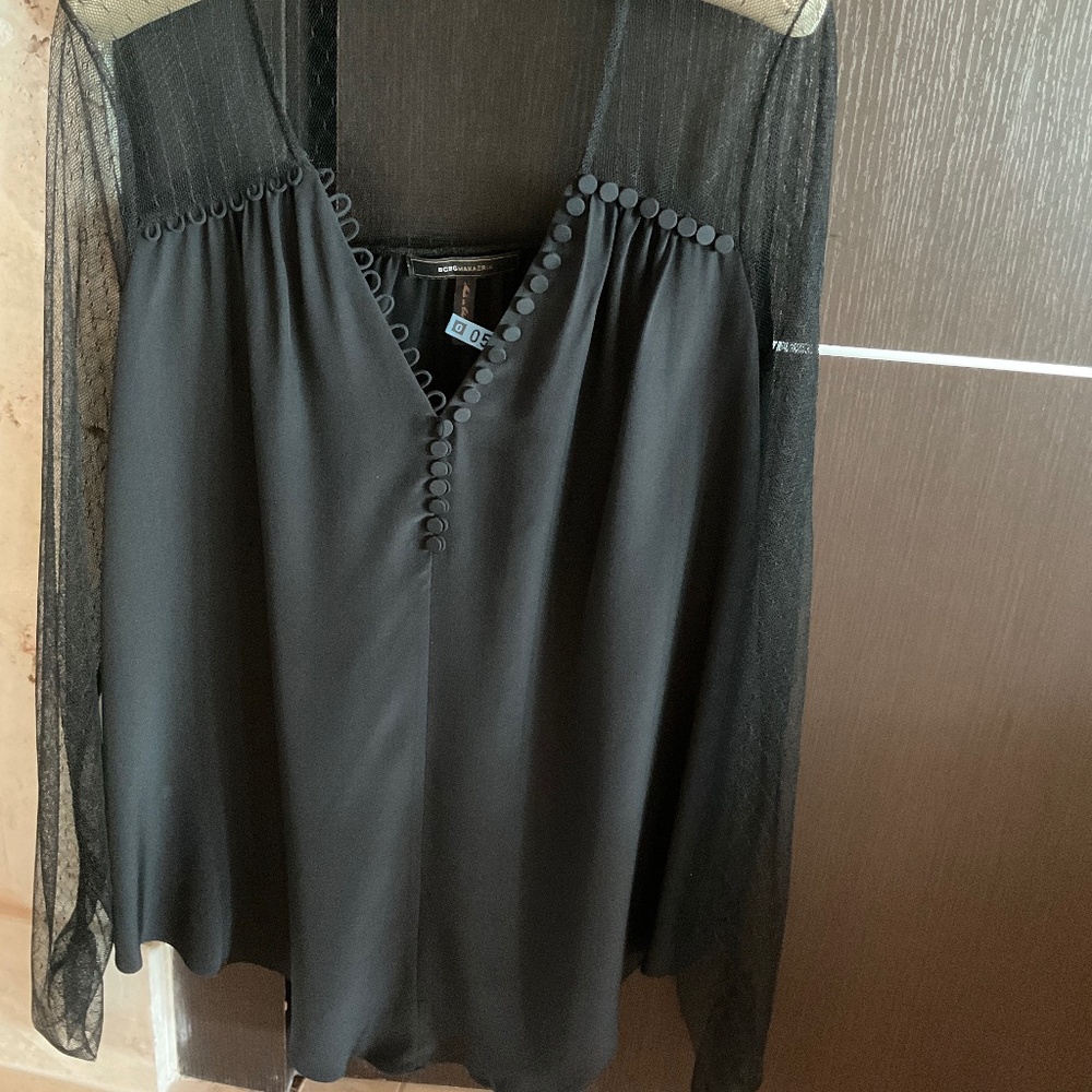 BCBG Max Azria Black Silk Blouse- Sheer sleeve- Medium